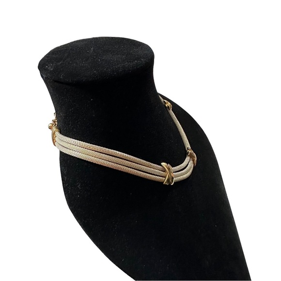 Vtg Unsigned Alice Caviness Gold Tone 3 Strand Mesh Rope Necklace X Bars 15-18” - Picture 7 of 10